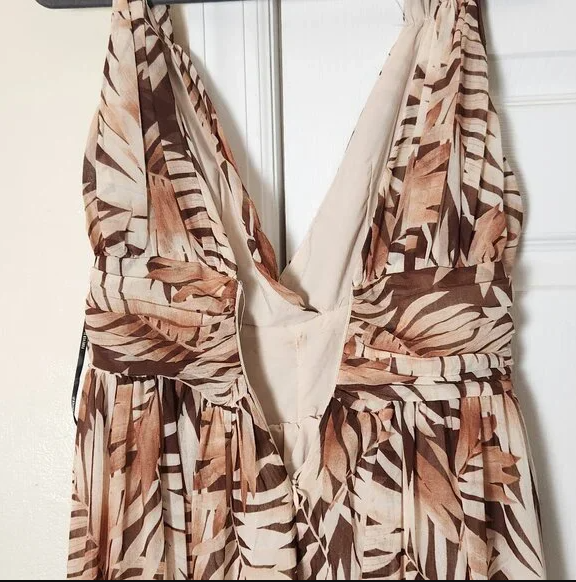 Tropical Print Sheer Maxi Dress for Women Vacation Outfit for Ladies Brown US S