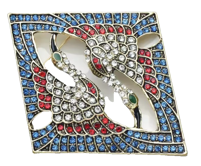Art Deco Crane Bird Brooch Twin Heron Rhinestone Blue Red Gold Tone Pin