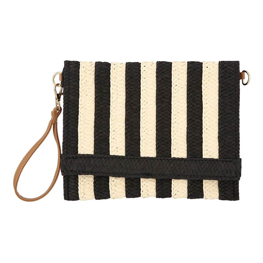 Black and White Striped Woven Straw Clutch Bag with Detachable Crossbody Strap