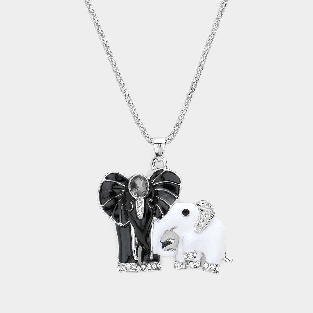 Oval Stone Accented Enamel Elephant Pendant Necklace for Women Silver Tone