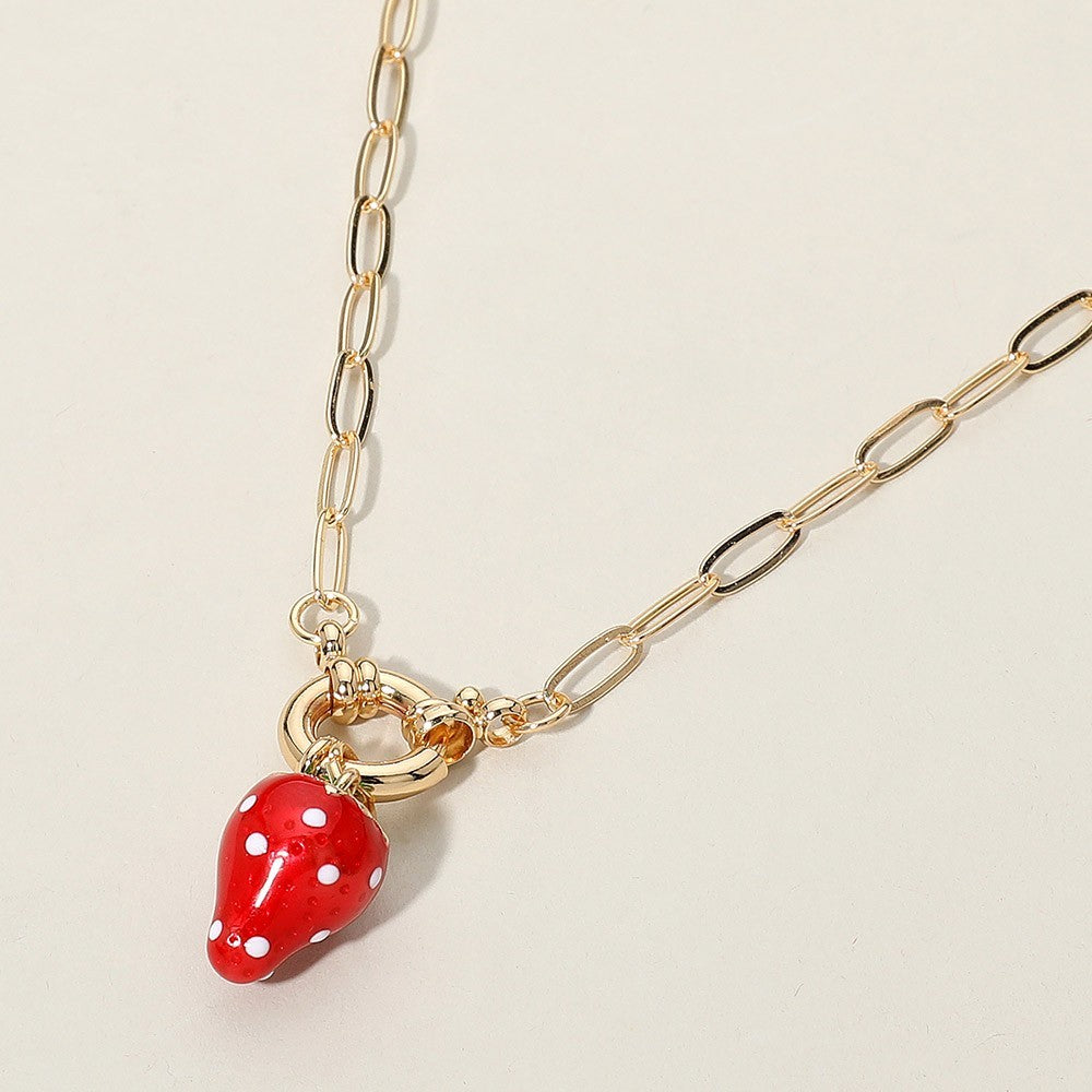 Gold Paperclip Chain Necklace Strawberry Charm Enameled Fashion Jewelry
