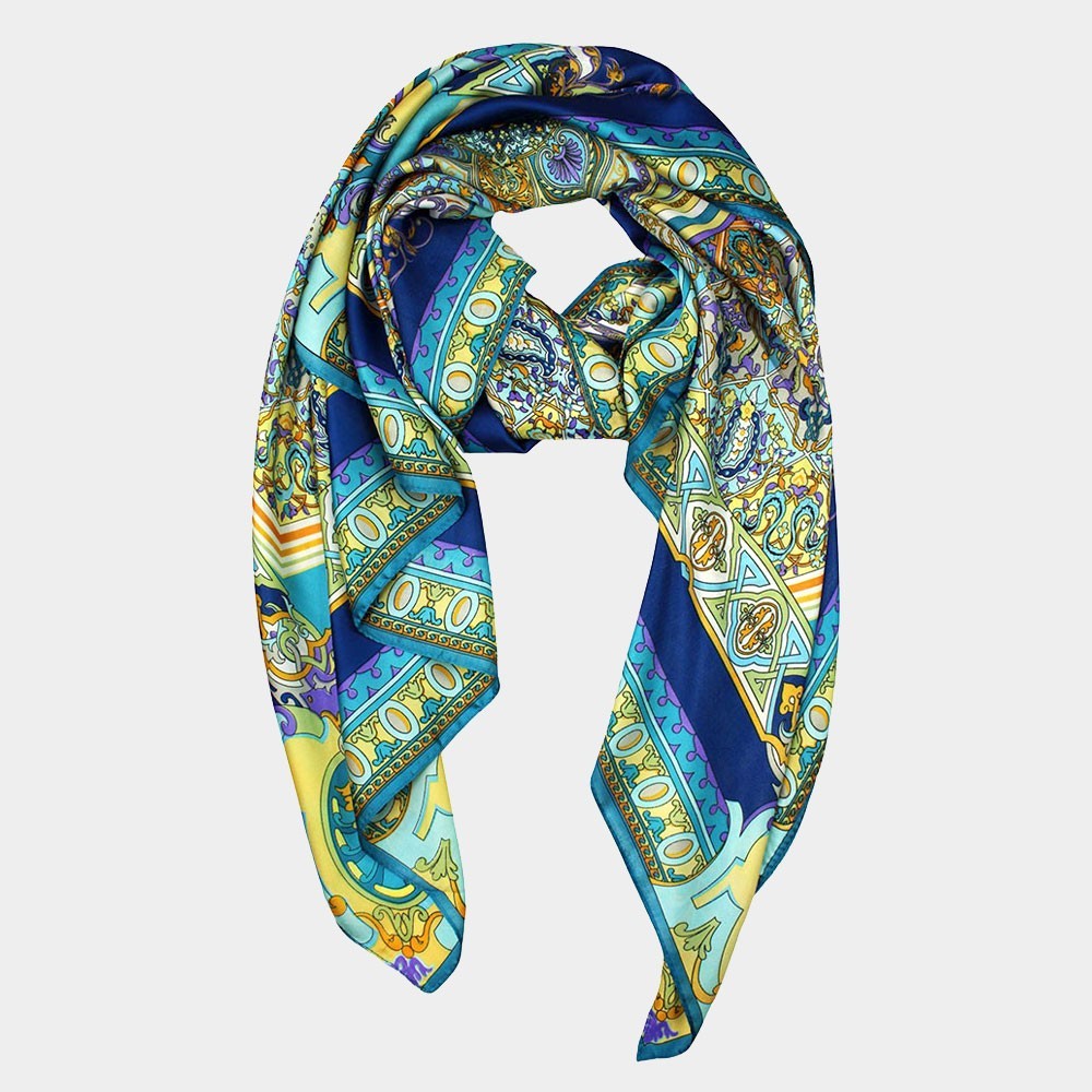 Ornamental Mandala Print Silky Satin Oblong Scarf Shawl Women’s Fashion Wrap