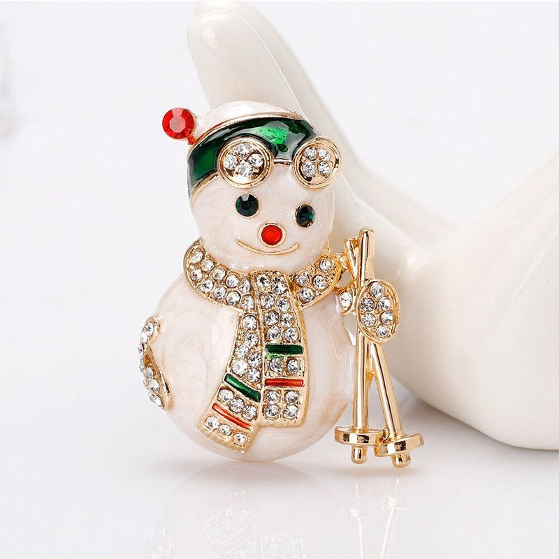 Sparkling Rhinestone Snowman Skiing Brooch Christmas Holiday Winter Pin Enamel G