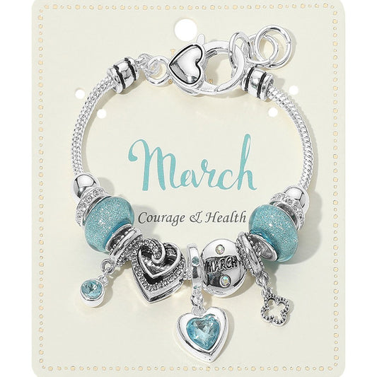 March Birthstone Heart Charm Beaded Bracelet Aqua Multi Layer Stretch Jewelry