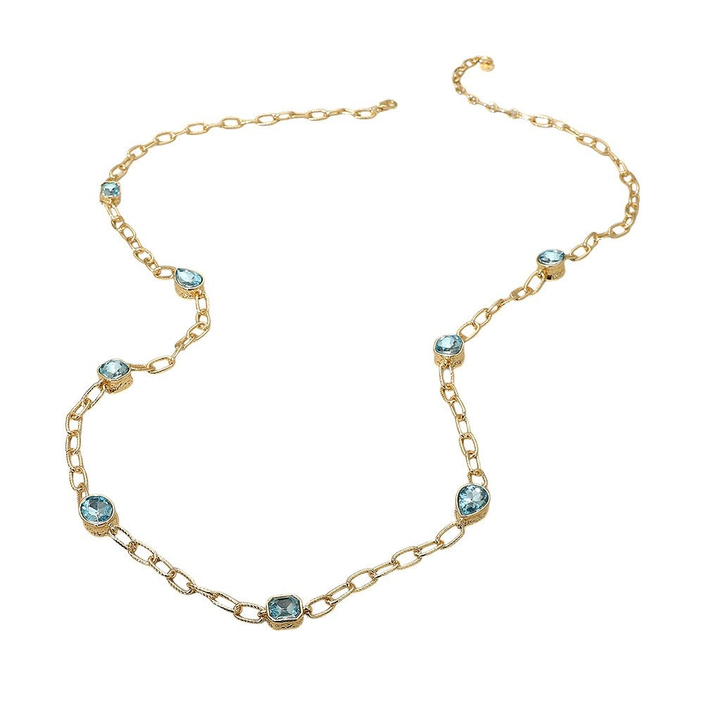 Gold Tone Light Blue Crystal Station Long Layering Necklace 36" Chain Jewelry