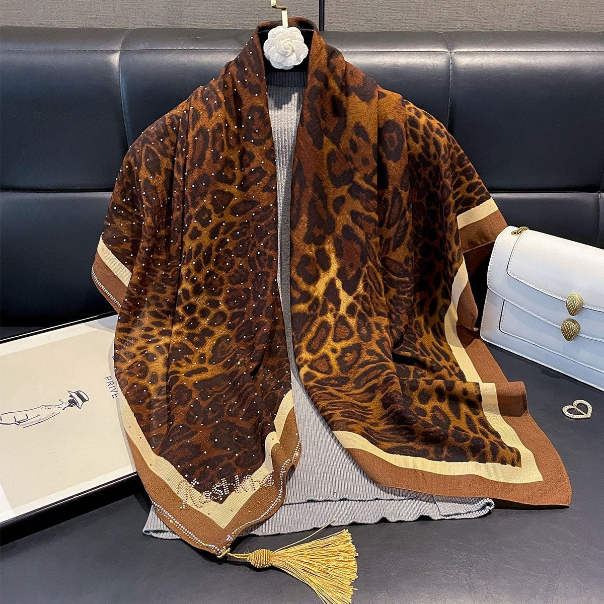 Leopard Print Rhinestone Tassel Shawl Wrap Oversized Scarf Luxury Sparkle
