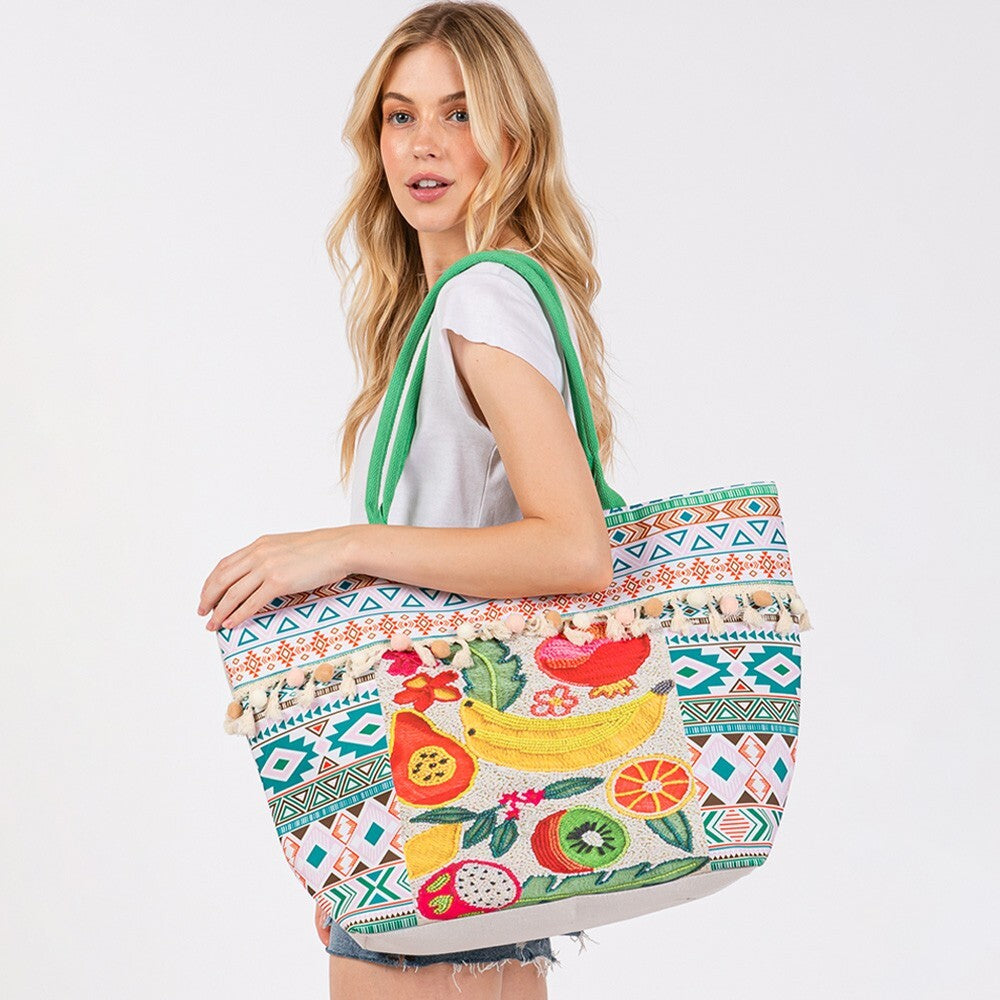 Fruit Boho Print Pom Pom Fringe Tote Bag Summer Beach Shoulder Bag Purse