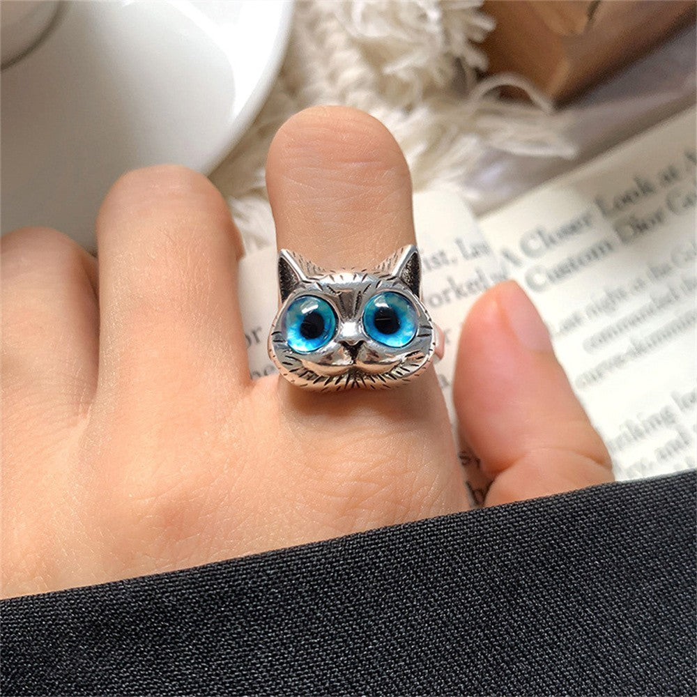 2 Pcs Adjustable Cat Rings Blue Eyes Pet Lover Animal Jewelry Gift for Women