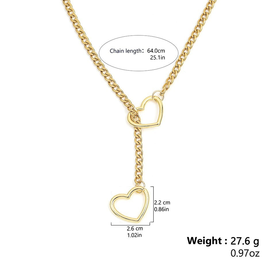 Gold Double Heart Lariat Necklace Adjustable Curb Chain Y Shape Statement