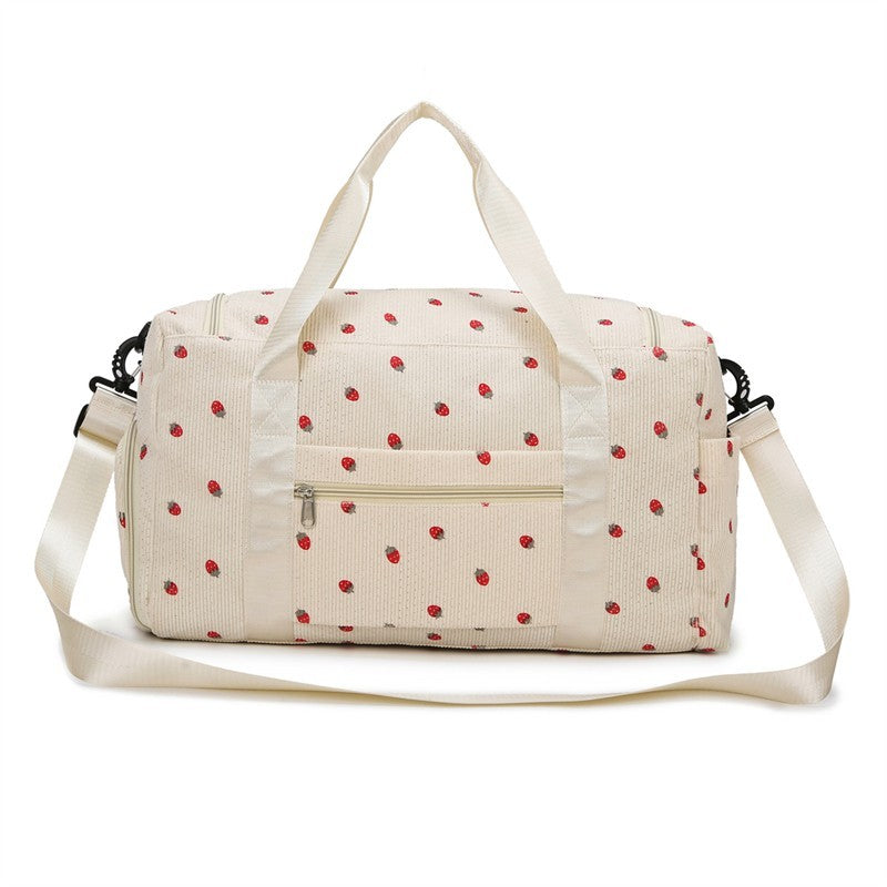 Strawberry Corduroy Travel Duffel Bag Shoe Compartment Trolley Sleeve