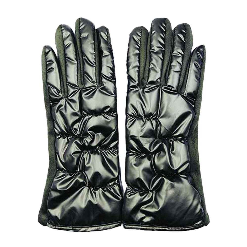 Women's Dark Green Quilted Puffer Smart Touch Winter Gloves Warm Tech Mittens