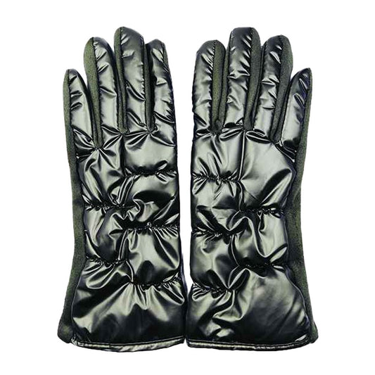 Women's Dark Green Quilted Puffer Smart Touch Winter Gloves Warm Tech Mittens