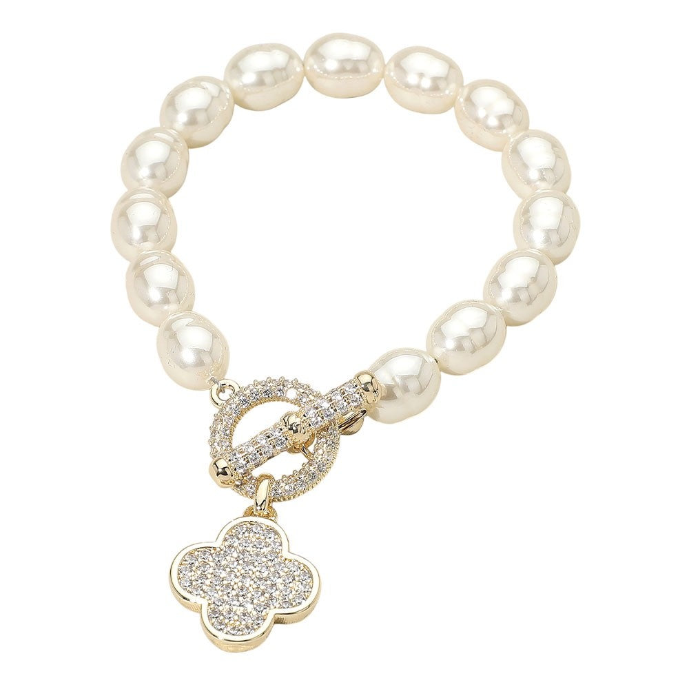 Crystal Clover Pearl Toggle Bracelet - Gold Pave Flower Charm Bridal Jewelry