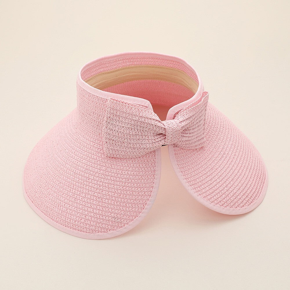 Wide Brim Straw Roll-Up Sun Visor Hat Black for Women Summer Beach UV Protection