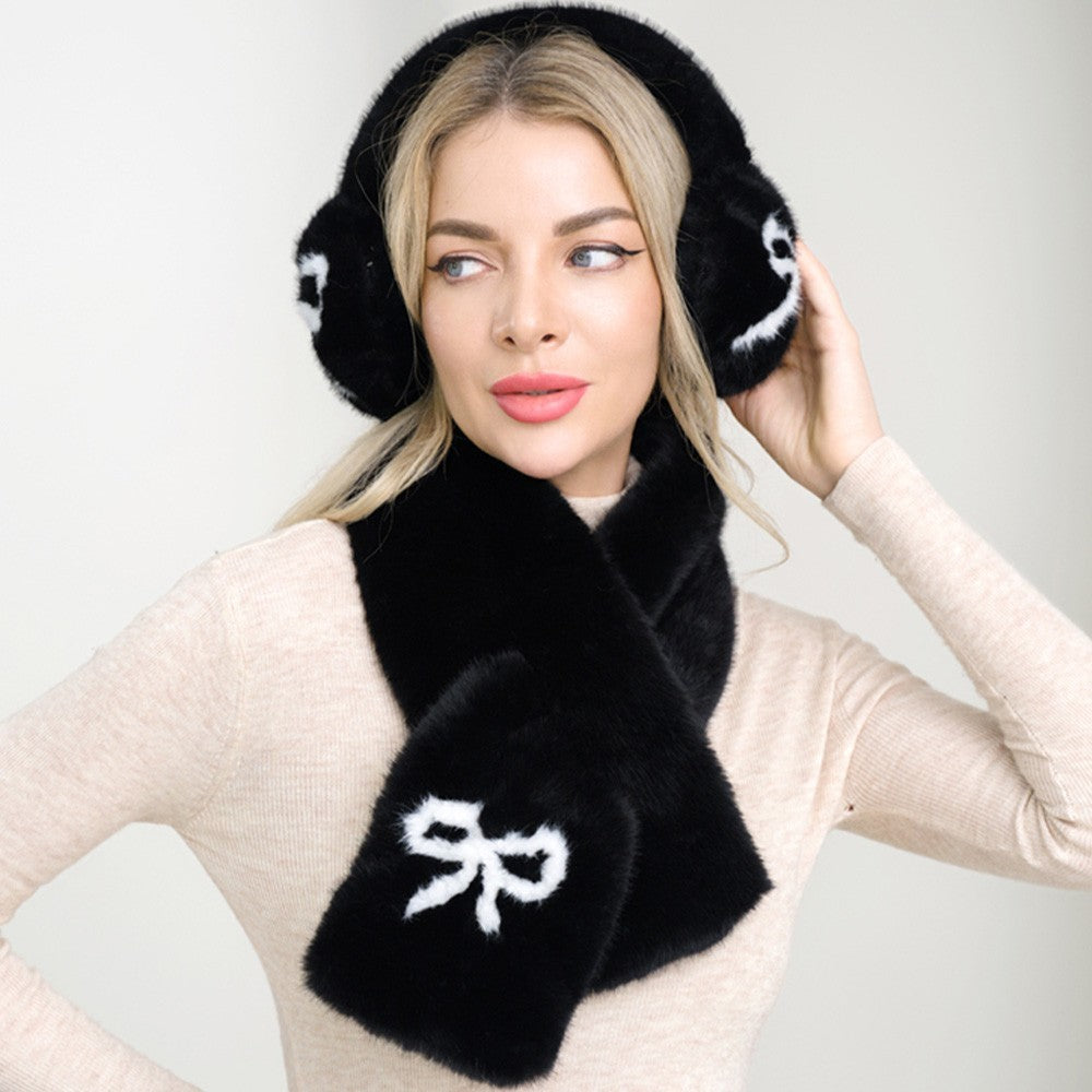Bow Accent Fluffy Faux Fur Scarf for Women & Earmuff Winter Set Black Cozy Gift