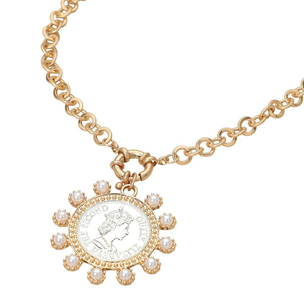 Gold Tone Bold Faux Pearl Decorative Coin Pendant Necklace with Round Link Chain