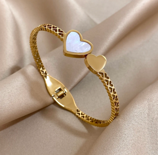Stainless Steel Gold Double Heart Cuff Bangle Inlaid Shell Bracelet for Women