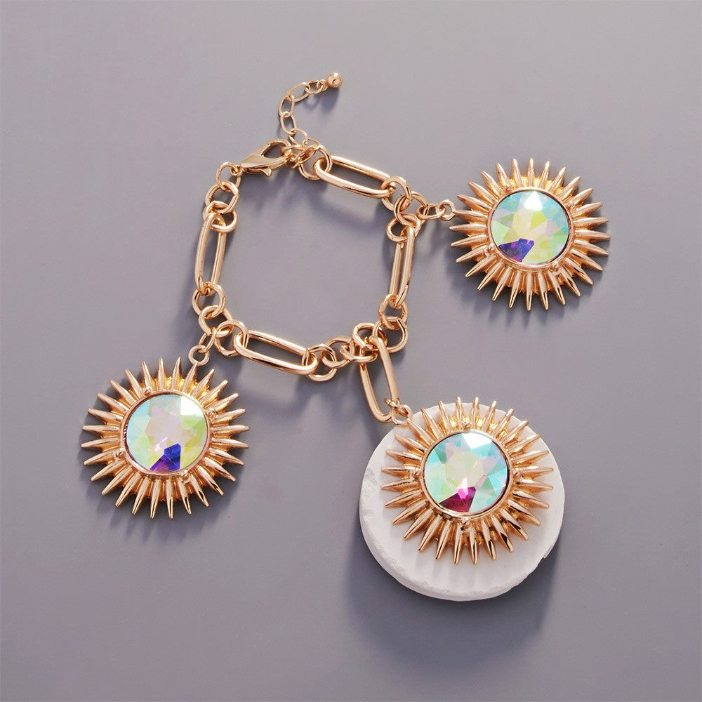 Gold Sunburst Charm Bracelet Iridescent Gem Statement Jewelry Adjustable
