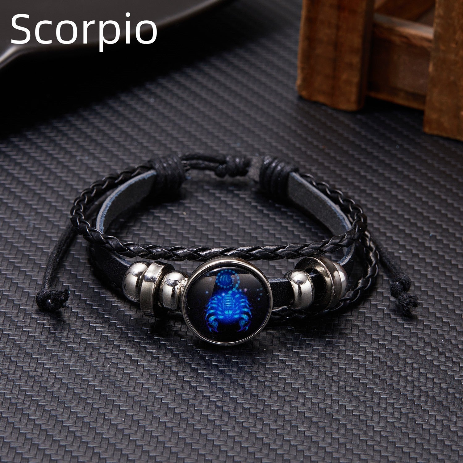 Scorpio Zodiac Sign Black Leather Bracelet Men's Women's Jewelry
