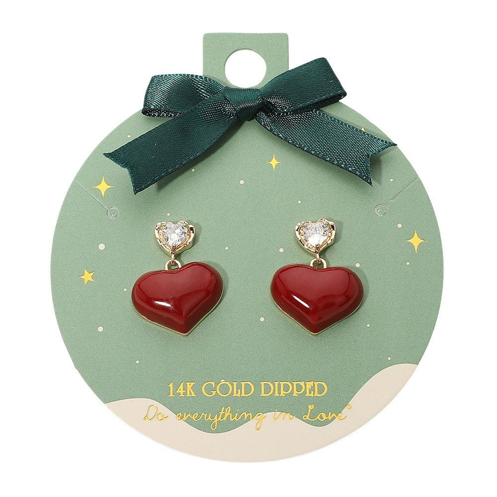Red Heart Drop Earrings 14K Gold Dipped Cubic Zirconia Dangle Studs Valentine