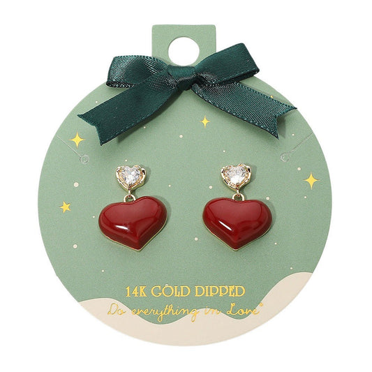Red Heart Drop Earrings 14K Gold Dipped Cubic Zirconia Dangle Studs Valentine