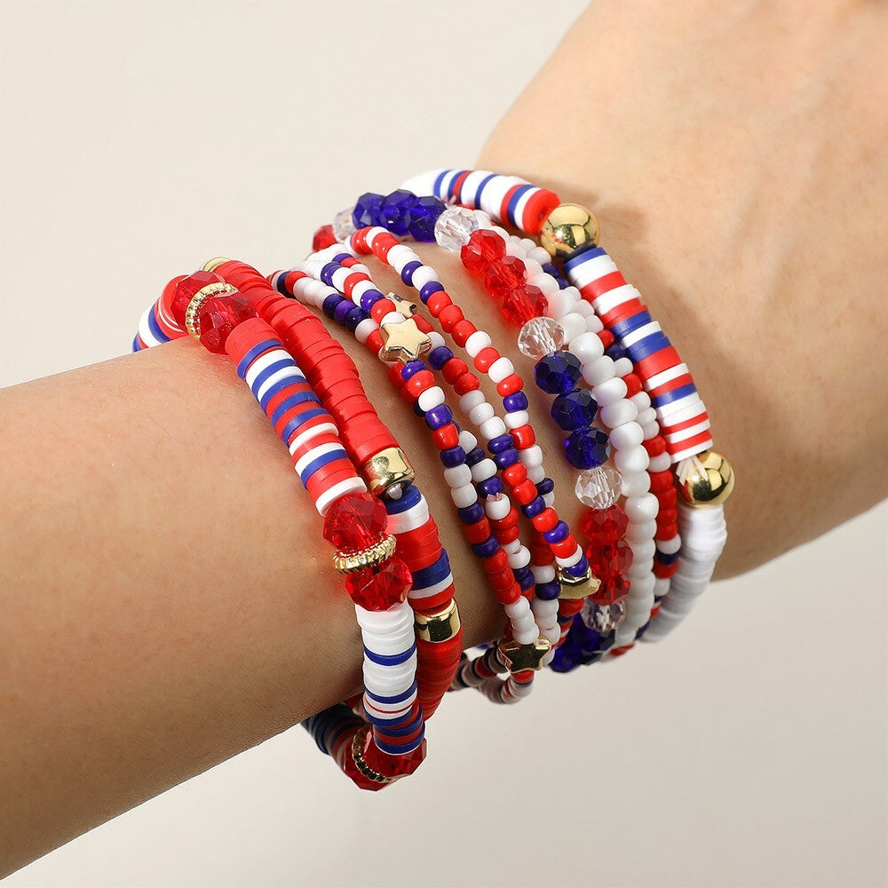 10PCS American USA Star Beaded Stretch Multi Layered Bracelets Set