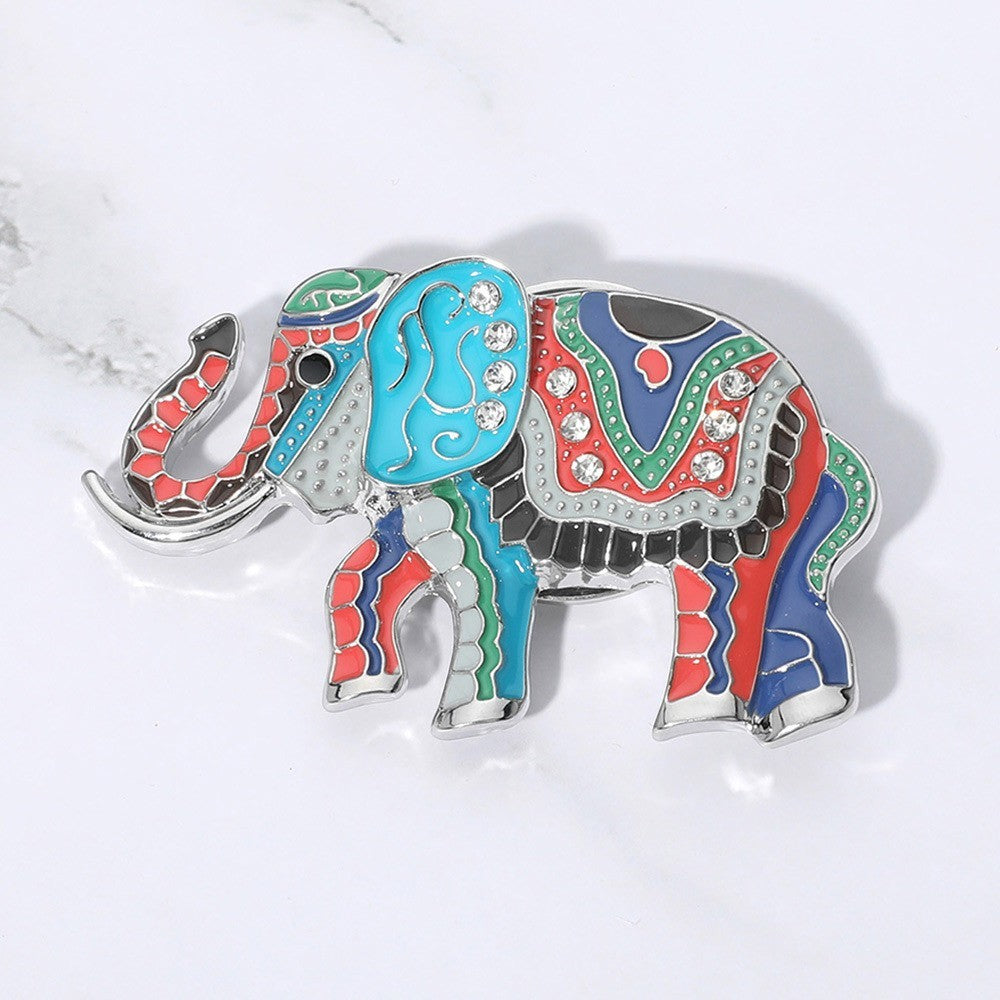 Stone Embellished Enamel Elephant Magnetic Brooch for Women Multi Silver Tone