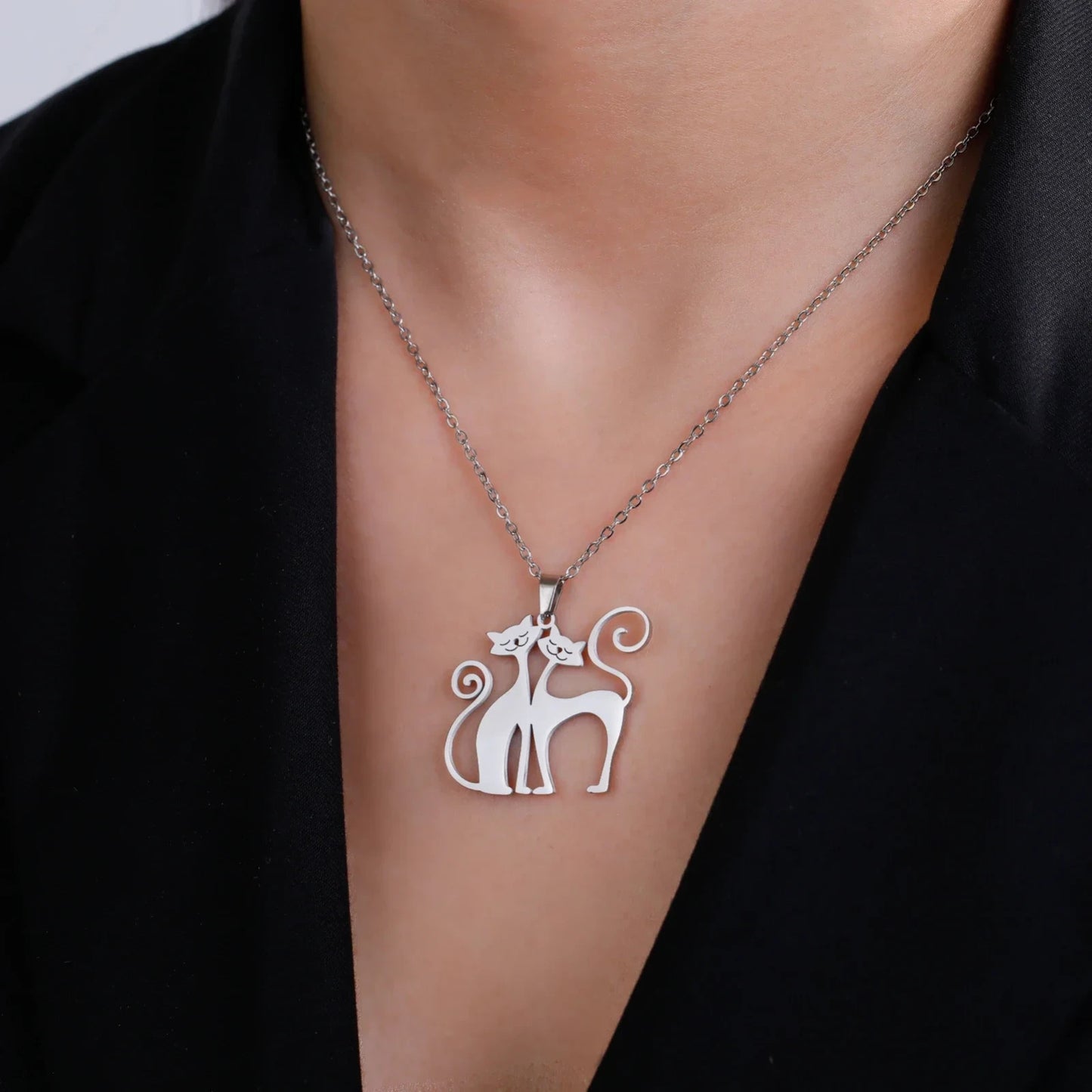 Crouching Cat Pendant Stainless Steel Necklace for Women Cute Animal Jewelry
