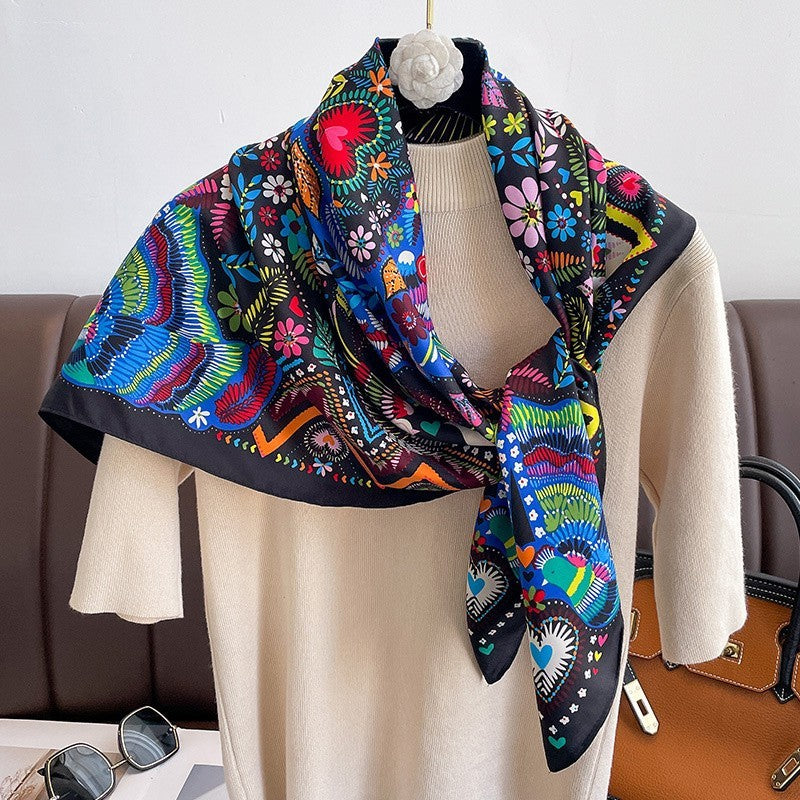 Boho Floral & Bird Print Square Scarf for Women – Multicolor Lightweight Fashion
