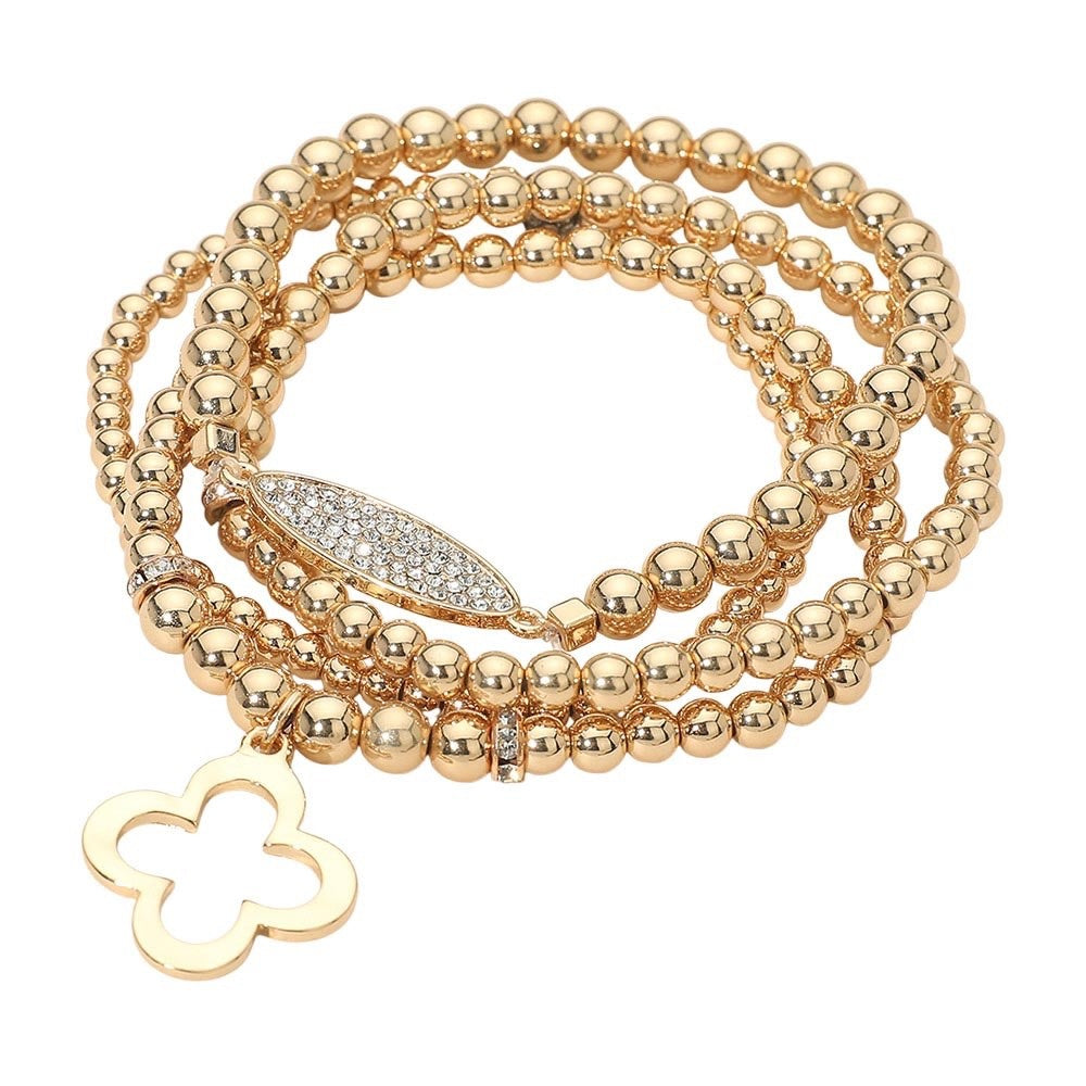 4pc Gold Beaded Stretch Bracelet Set with Pave Eye and Clover Charms - Bold