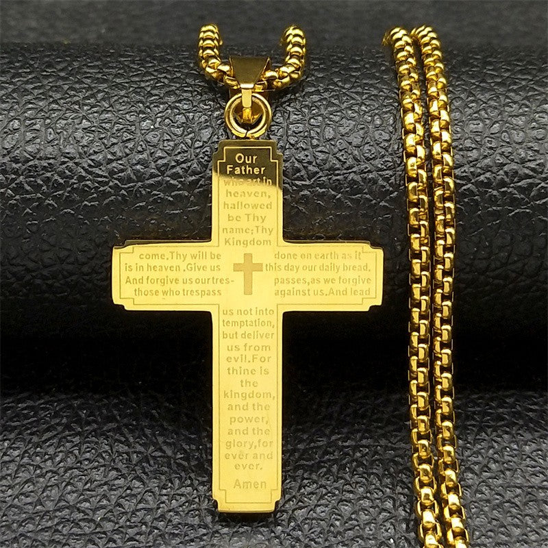 Gold Stainless Steel Cross Pendant Necklace with Lord’s Prayer Engraving Christi