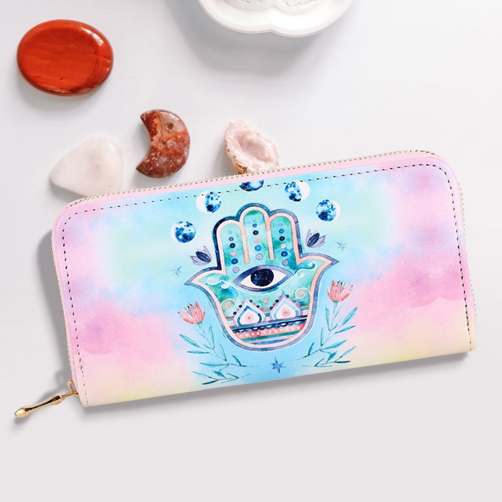 Pastel Hamsa Hand Evil Eye Zip Around Wallet - Bohemian Spiritual Wristlet