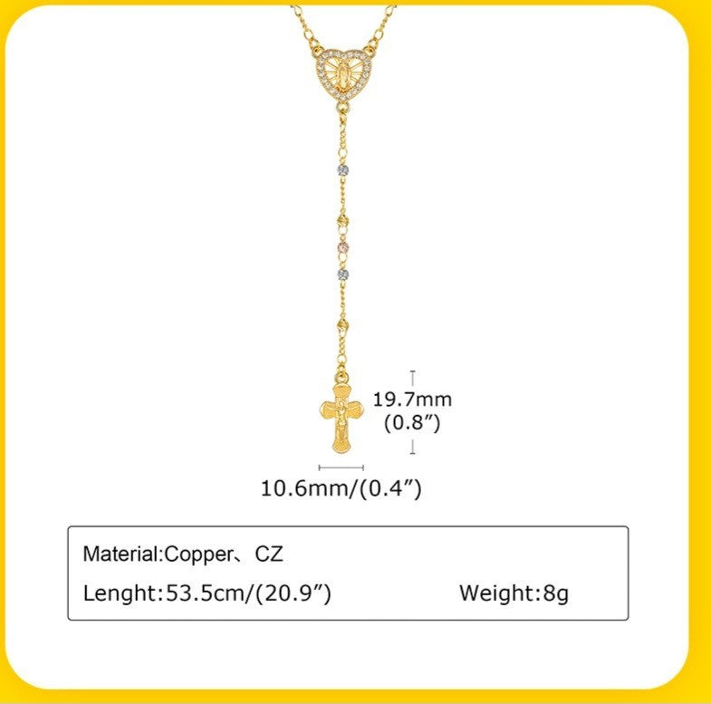 Copper Cubic Zirconia Rosary Y-Necklace Heart Centerpiece Cross Pendant