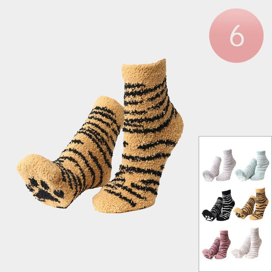6pcs Animal Stripe Fuzzy Socks Set Cozy Microfiber Indoor Paw Print Design