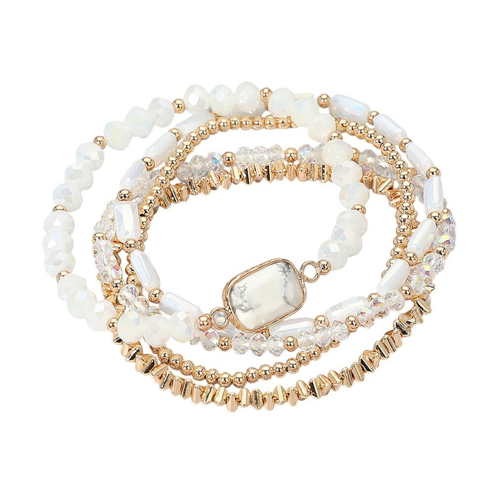 5PCS Stone Charm Faceted Beaded Stretch Bracelets Set for Women Multi Layered