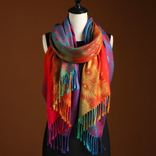 Peacock Feather Jacquard Scarf Gradient Colors Tassel Wrap Shawl for Women
