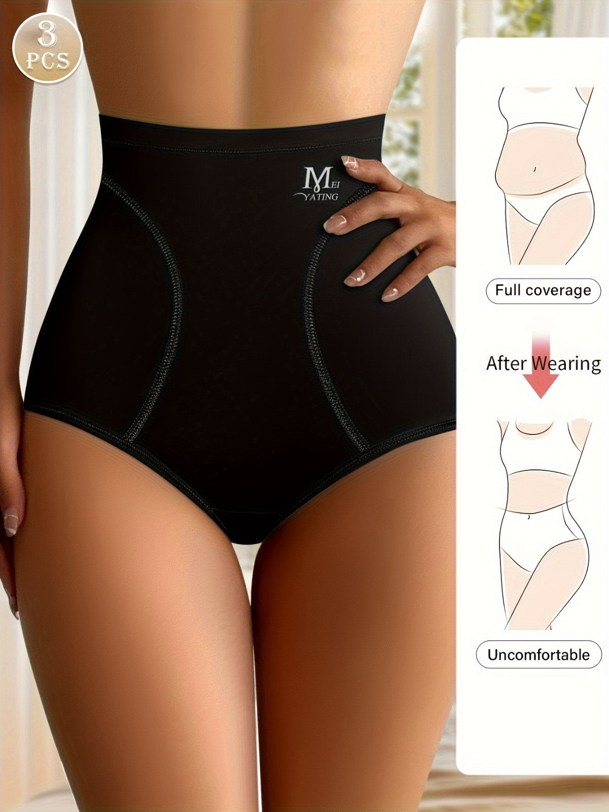 3pcs Women High Waist Tummy Control Panties Seamless Breathable Briefs M