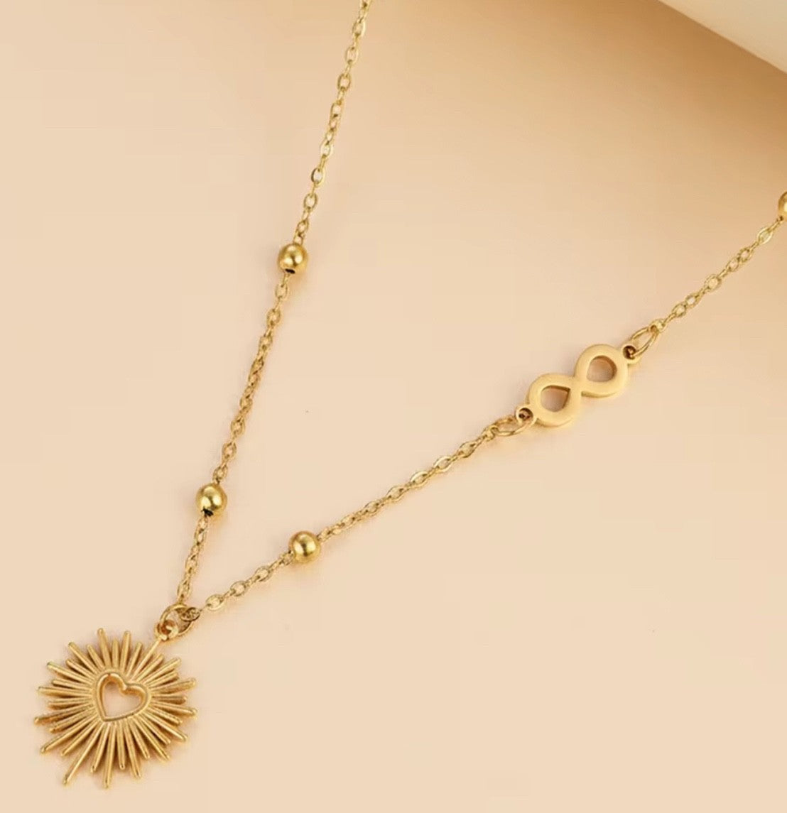 Gold Sunburst Heart Necklace Infinity Link Chain Metal Sun Charm Pendant Jewelry