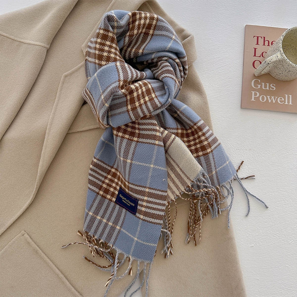Blue Plaid Scarf Cashmere Feel Soft Winter Shawl Wrap Fringe 20 x 79 in