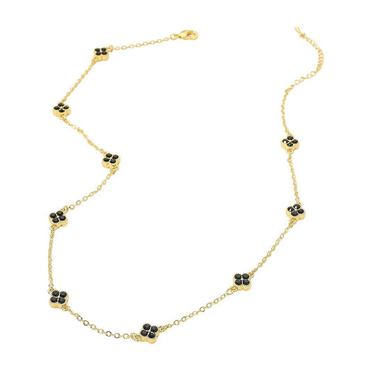 Gold Tone Black Cubic Zirconia Quatrefoil Charm Station Necklace with Lobster