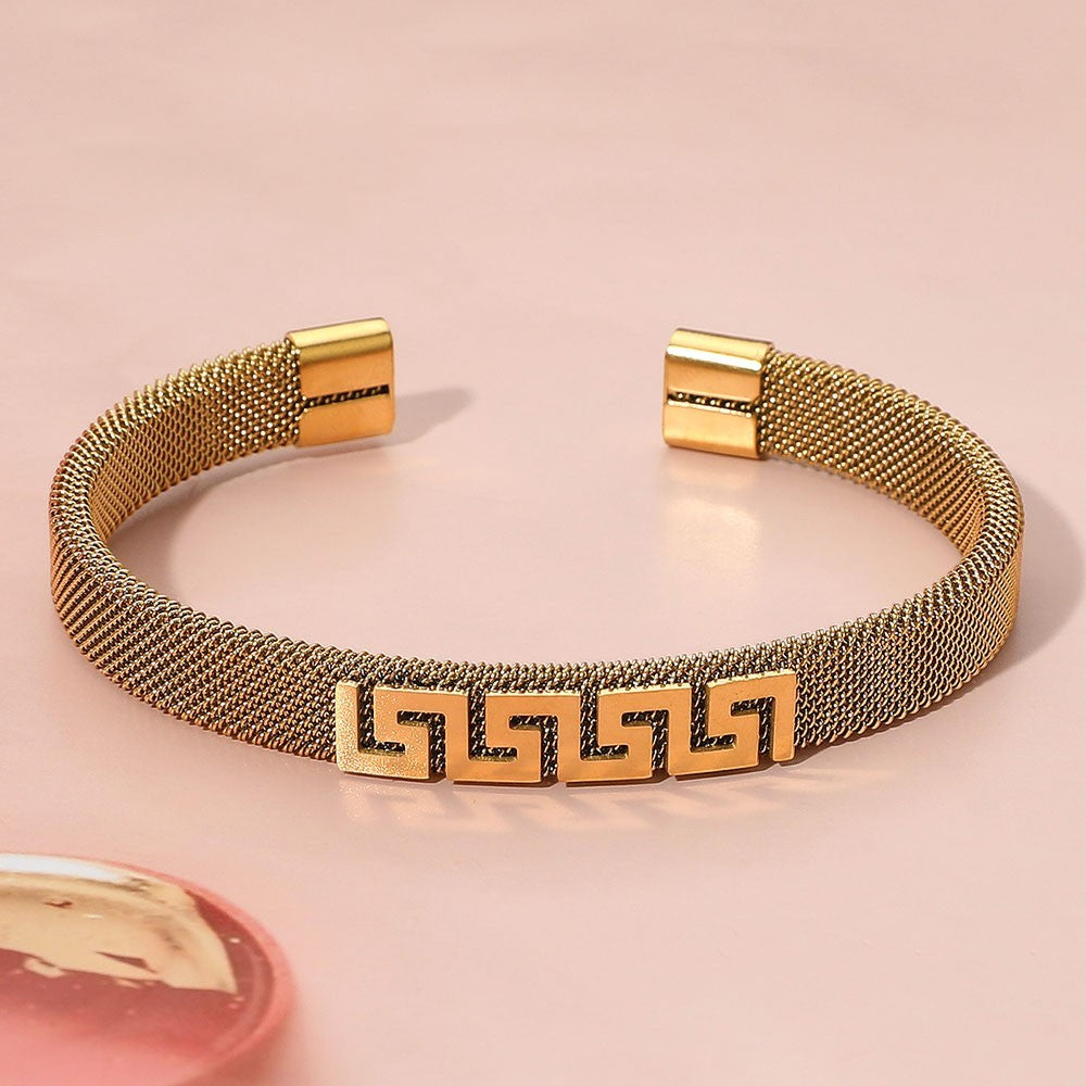 Gold Stainless Steel Greek Key Pattern Mesh Cuff Bracelet Unisex Fashion Jewelry