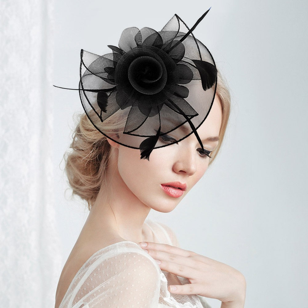 Flower Feather Mesh Bow Fascinator / Headband Hair Punch Clip Black 7" X 7"