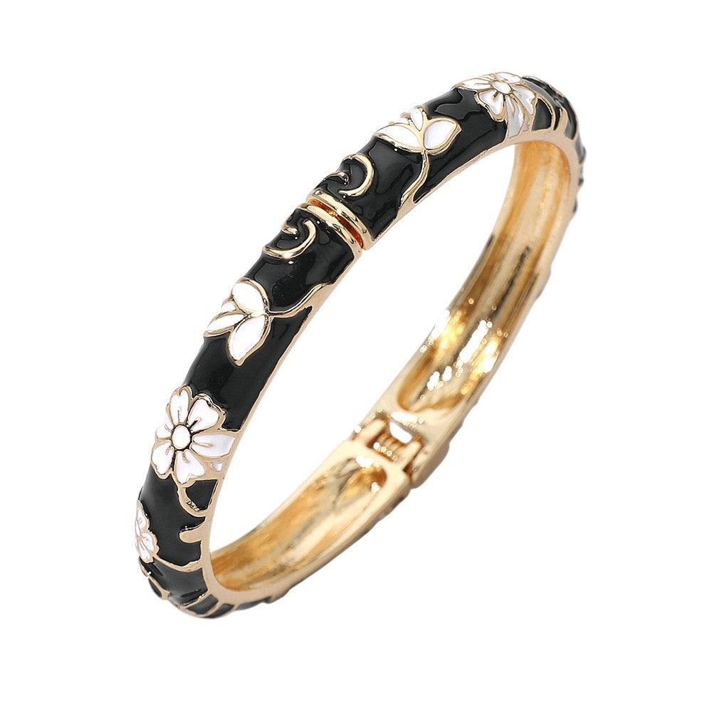 2pc Vintage Floral Enamel Gold Hinged Bangle Bracelet Set in Black and Mint
