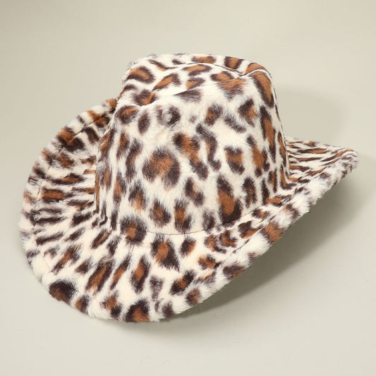 Leopard Print Faux Fur Cowboy Hat Animal Pattern Western Fedora  Circumference