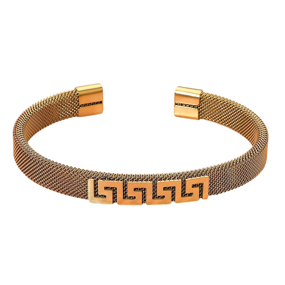 Gold Stainless Steel Greek Key Pattern Mesh Cuff Bracelet Unisex Fashion Jewelry