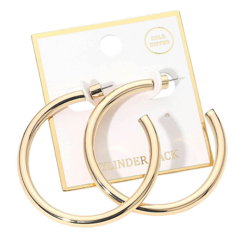 Gold Dipped Thick Metal Hoop Earrings with Cylinder Back Closure - 2 Inch Hoops