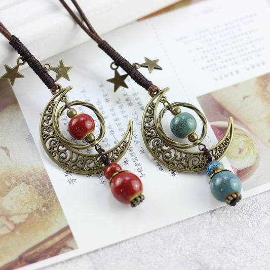 2PC Set: Boho Moon Star Ceramic Bead Long Necklace Adjustable Red & Blue Bronze