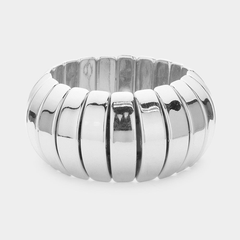 Wide Ribbed Metal Stretch Bracelet for Women Bold Chunky Statement Jewelry