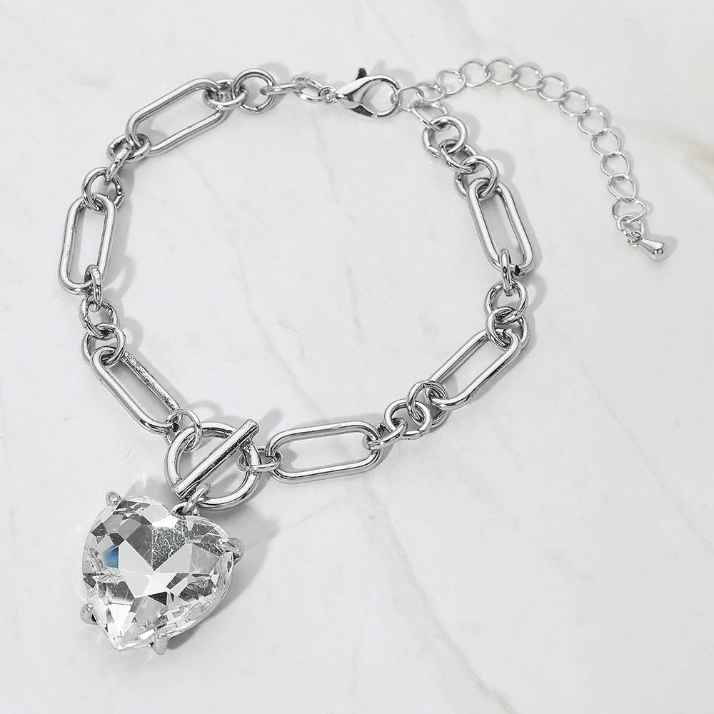 Silver Large Crystal Heart Charm Paperclip Chain Link Bracelet - Adjustable