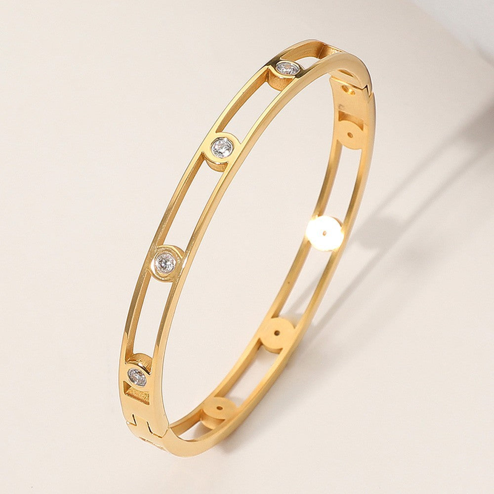 Gold Stainless Steel Bezel Stone Hinged Bangle Bracelet for Women Jewelry
